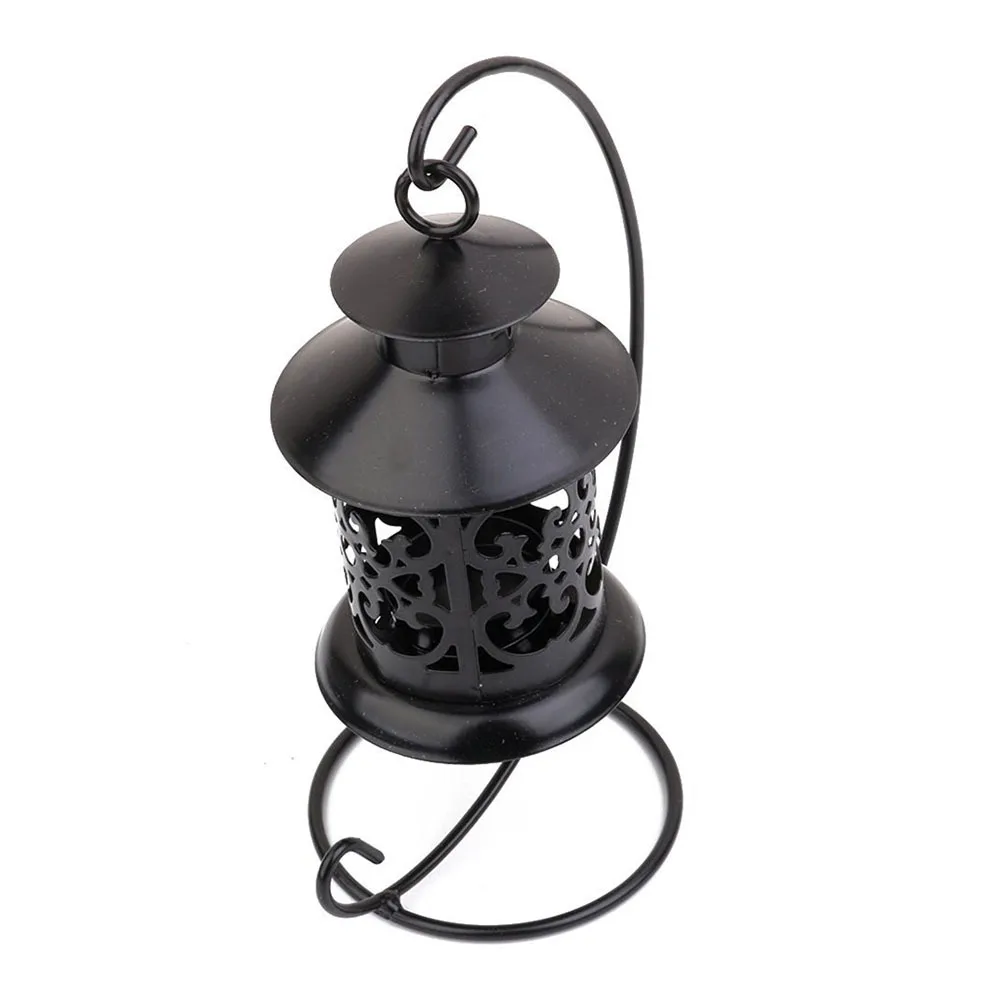 

Moroccan Style Black Iron Hollow Candlestick Retro Hanging Holder Elegant Tea Light Stand Wedding Party Bedroom Decor