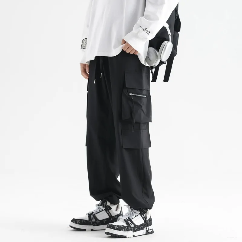 Men's Spring Autumn Solid High Waisted Drawstring Pockets with Elastic Zipper for Casual Loose Wide Leg Trousers Vintage Pants