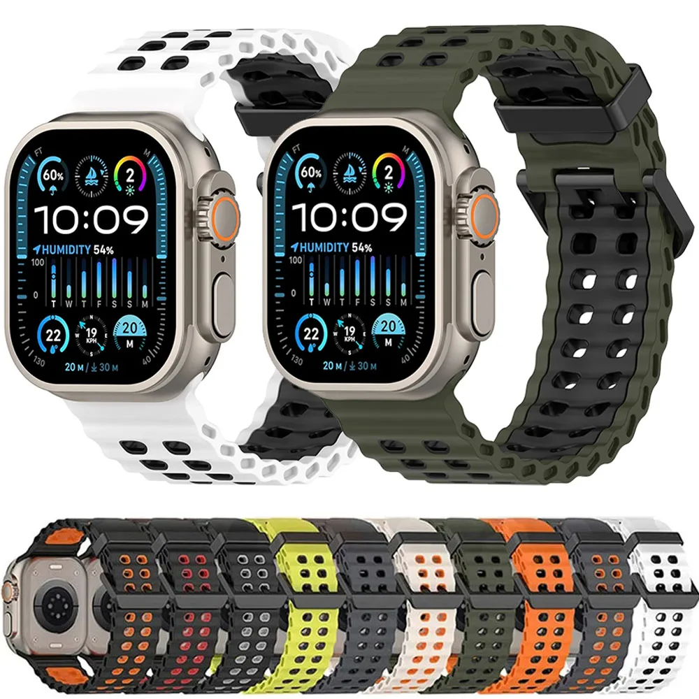 حزام سيليكون قابل للتنفس لساعة أبل الترا 2 49 ملم 10 46 ملم 45 ملم 44 ملم سوار معصم قابل للاستبدال iWatch Series 9 8 7 6 5 4 SE Band