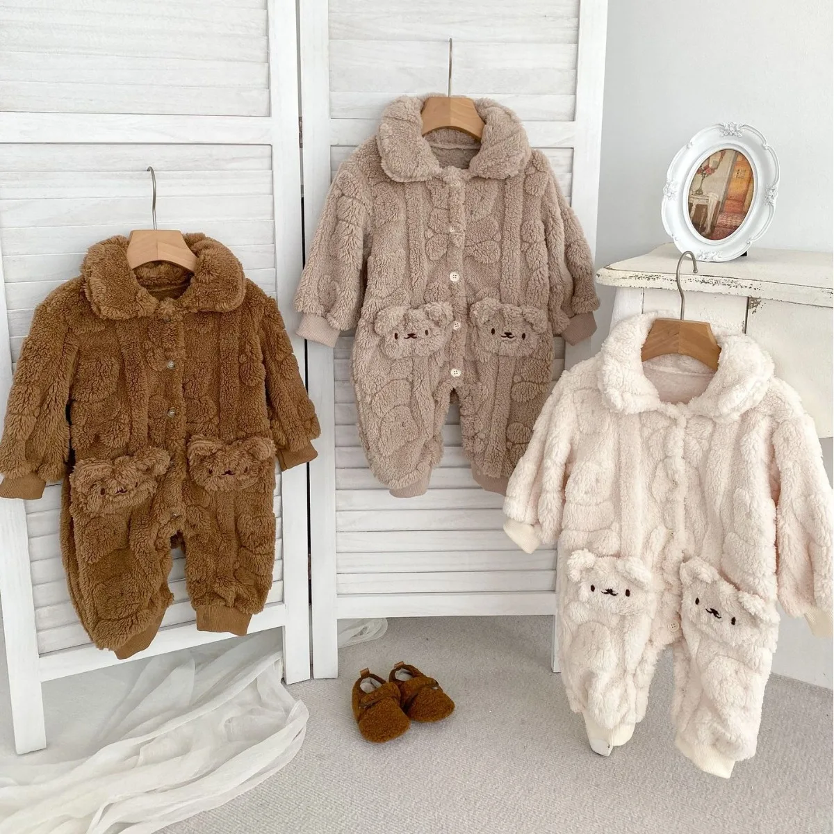 

Infant Baby Girls Rompers New Winter Solid Color Velvet Bear Printed Toddler Kids Girl Jumpsuit Thick Warm Newborn Girl Bodysuit