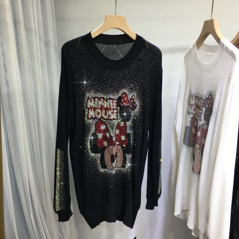 Heavy Industry Hot Diamond Cartoon Sweater Women Luxury Casual Black Round Neck Long Sleeve Knitted Sweater Autumn and Winter