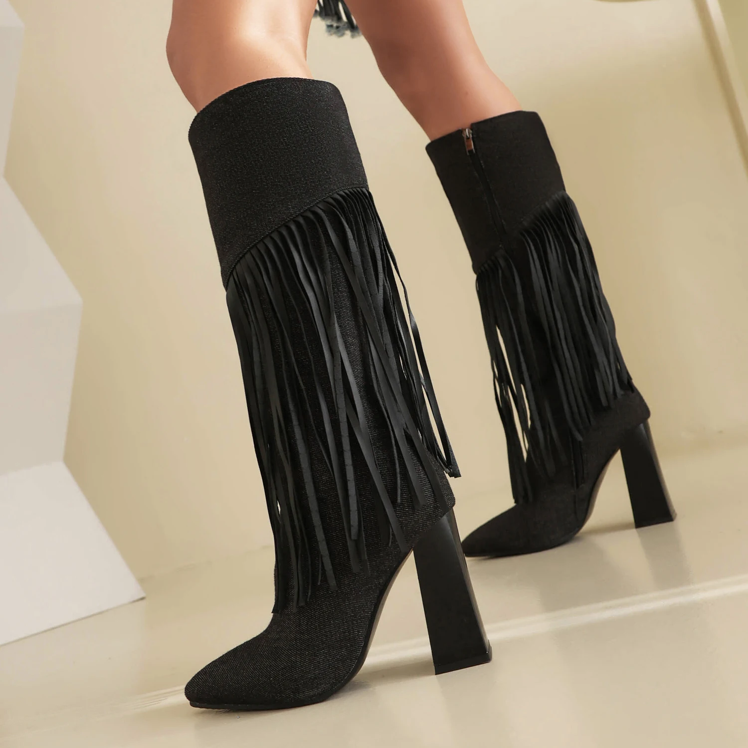 Retro Fringed Western Cowboy Boots Pointed Head Square Heel Heel Heightened Slim Zipper Knight Boots Sexy Women's Boots 34&46