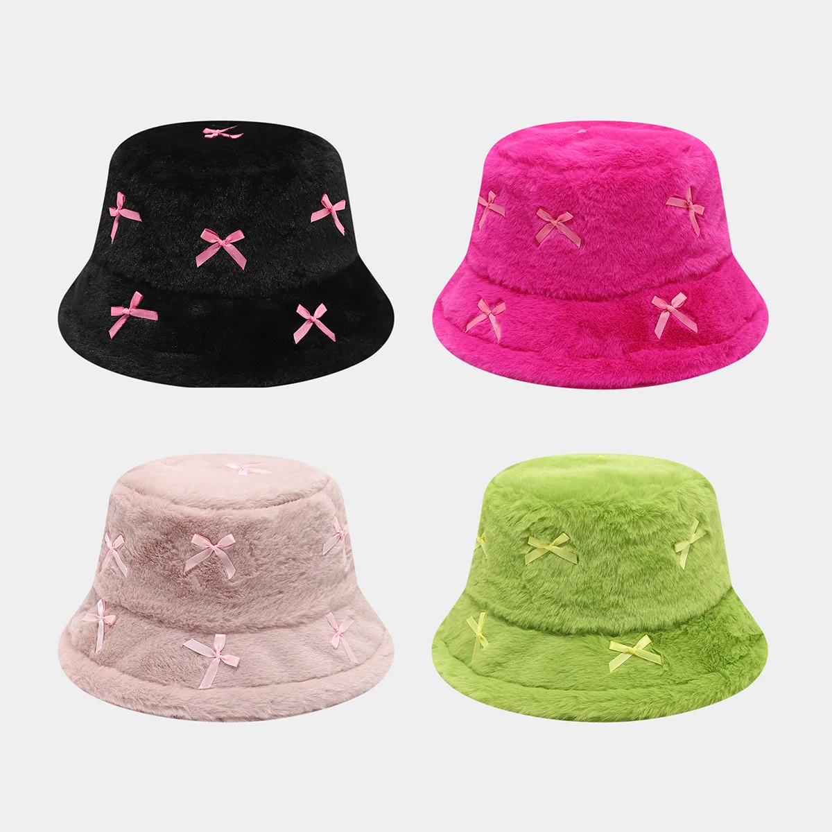 Literary And Artistic Style Fresh And Girlish Bow Tie Plush Fisherman Hats Female Trend Street Versatile Basin Cap