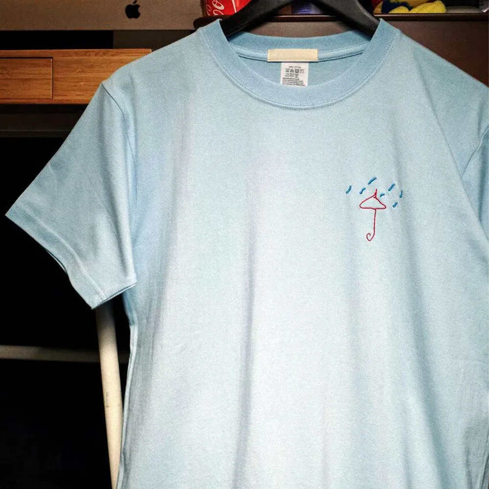 Vintage Style Raining Day Letters Embroidered Crewneck Short Sleeve T Shirts Unisex Summer Loose Cotton Tops Casual Tees