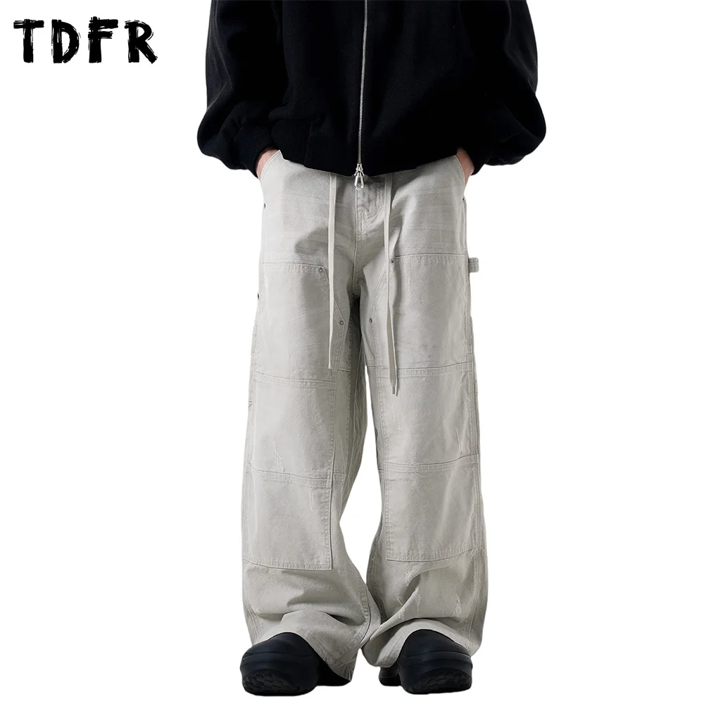 Washed Distressed Spliced Cargo Pants Mens Retro Streetwear Ripped Straight Wide Leg Loose Trousers Men