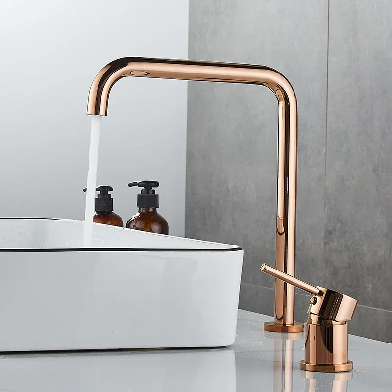 

Basin faucet Bathroom super long pipe two holes Rose Gold bathroom sink tap 360 rotating widespread Black basin Tap