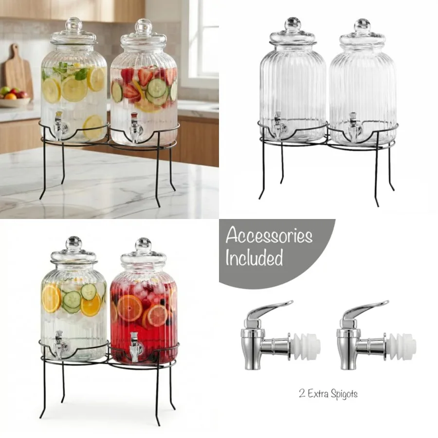 

Canyon Glass Beverage Dispenser with Stand Set of 2-1.3 Gallon Drink Dispenser with Stand Spigot - Leak-Proof Lemonade Dispense