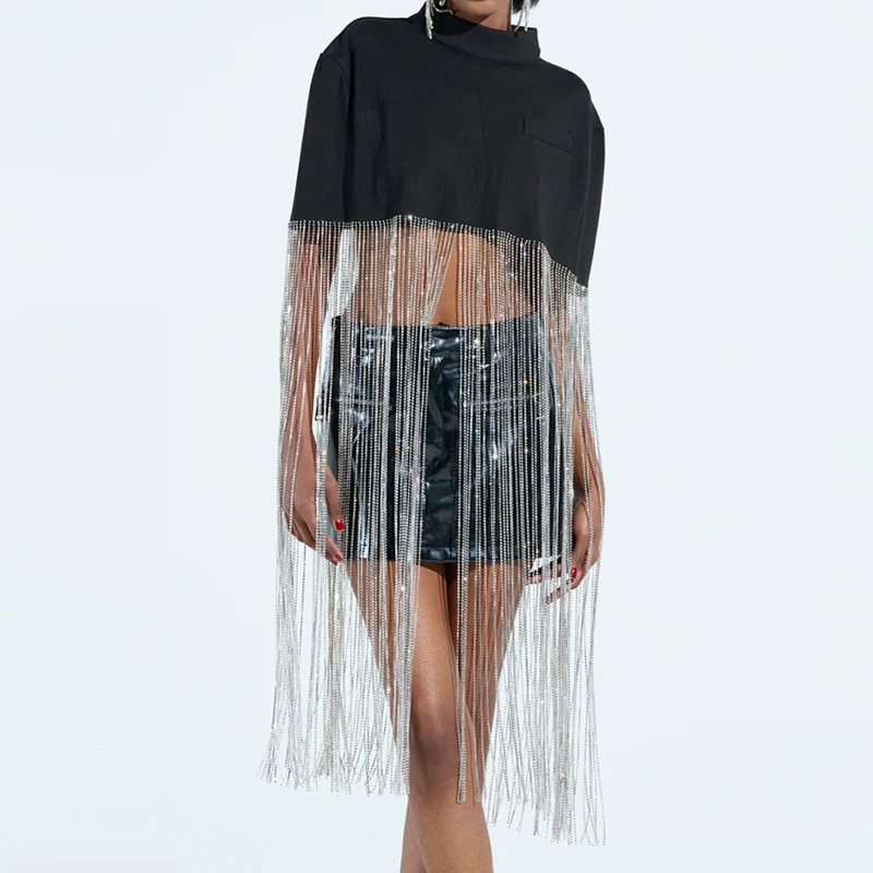 Women's Casual Shining Solid Color Loose Tee Fashion Stand Collar Cape Pullover Tops Elegant Tassels Splicing Club Party Blouse