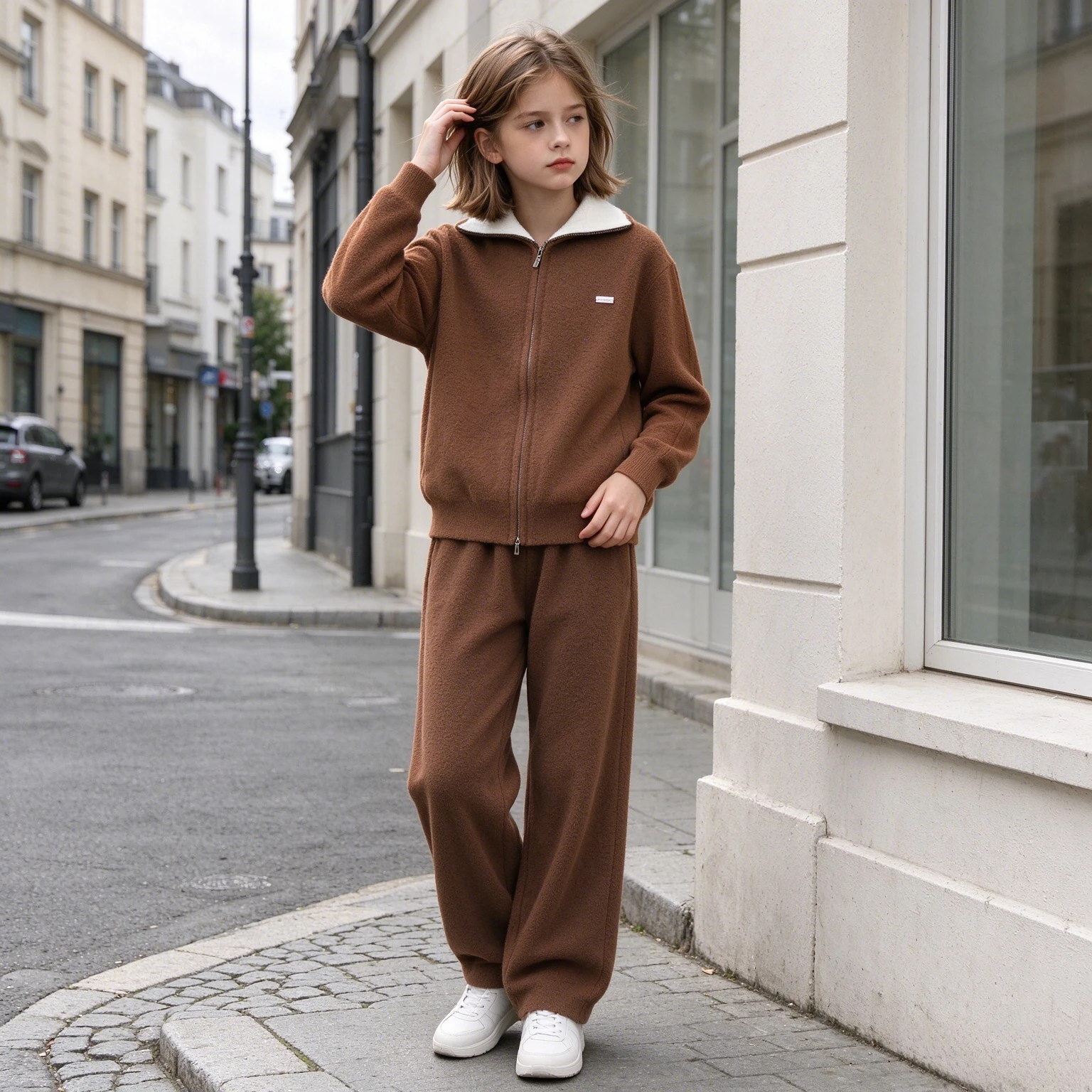 Girls 2Pcs Tracksuit Faux Mink Fleece Zip Up Contrast Collar Jacket & Wide Leg Pants Kids Warm Autumn Winter Sport Casual Set
