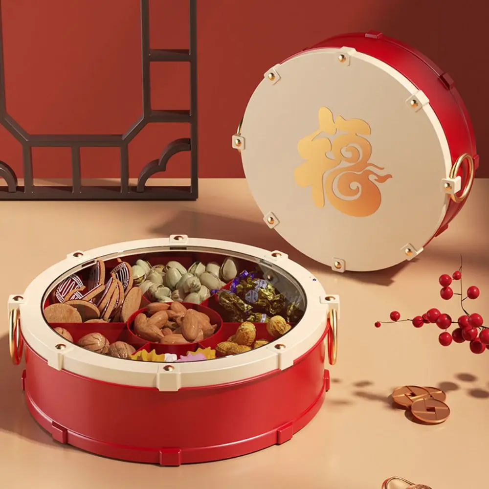 

7-Compartment Drum Shape Nut Serving Tray Round Dustproof New Year Candy Box Chinese Style with Lid