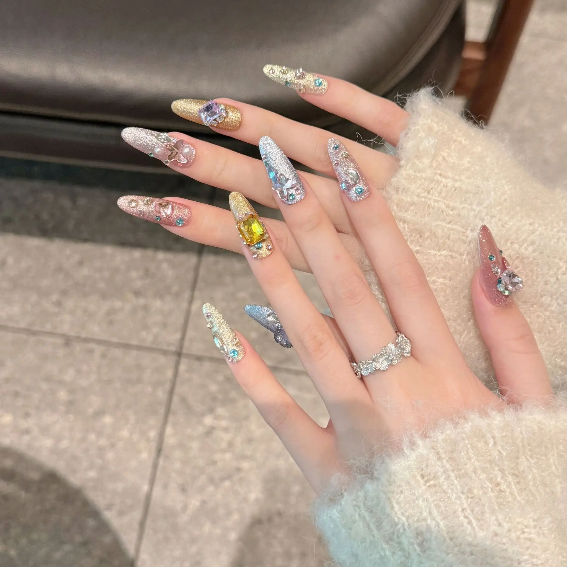 10pcs Aurora Colorful Handmade False Nails Shimmery Diamond Crystal Butterfly Moon Pearl Press On Nails Sweet Korean Fake Nail