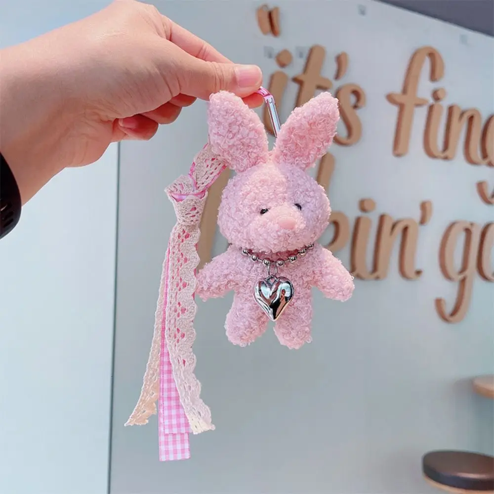 Lightweight Silver Heart Bunny Keychain Bow Ribbon Cute Rabbit Bag Pendant Soft Car Keychain Daily Carry