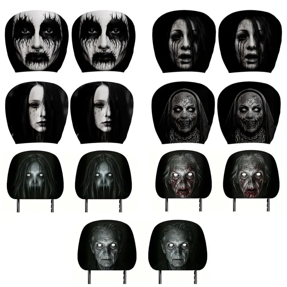 2PCS Halloween Horror Character Car Headrest Covers Universal Spooky Ghost Zombie Print Auto Seat Head Rest Protective Case