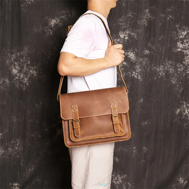 Nesitu High Quality A4 Vintage Brown Black Thick Genuine Crazy Horse Leather Women Men Shoulder Messenger Bags Cowhide M1001