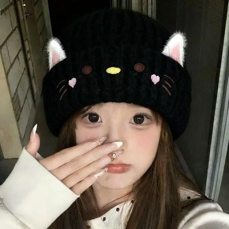 Cute Kitten Knitted Hat Keep Warm Ear Protection Round Top Cap Ear Protection Hat Autumn Winter