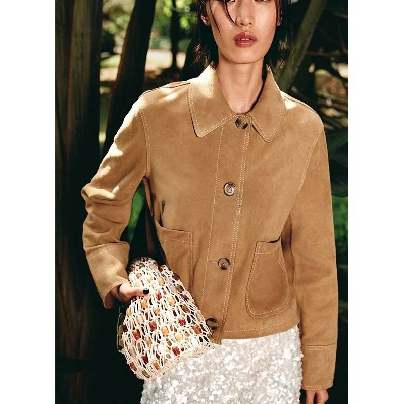 Spring Women's Long Sve Lapel Leather Jaet Faux Fur Surface Quali Single Button ket Decorated Commute Sle Loose Fit