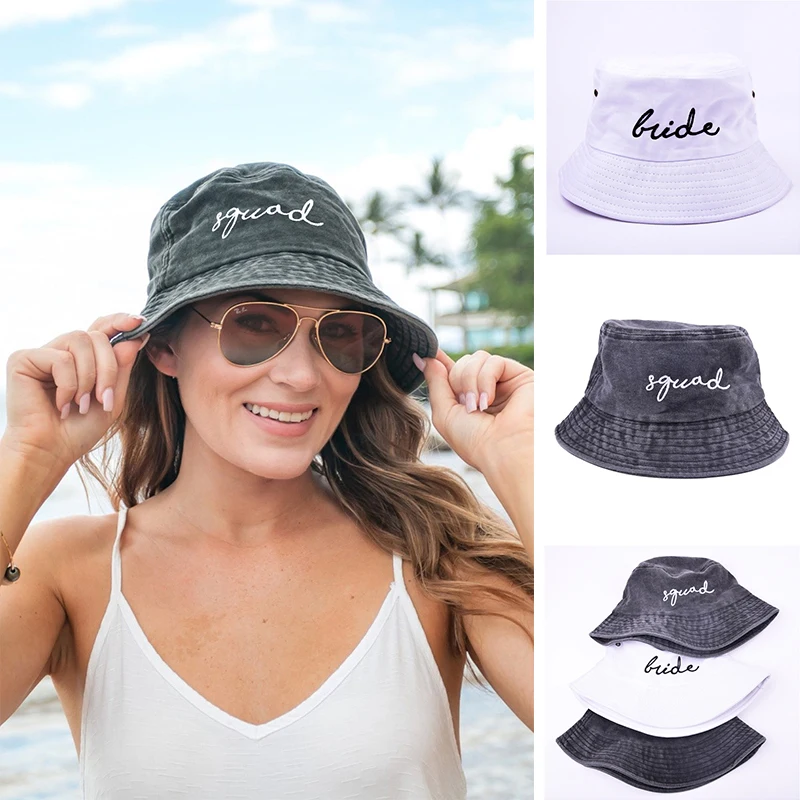 New Embroidered Letter Bride Squad Bucket Hat Foldable Washed Material Fisherman Hats for Women Outdoor Sunscreen Panama Cap