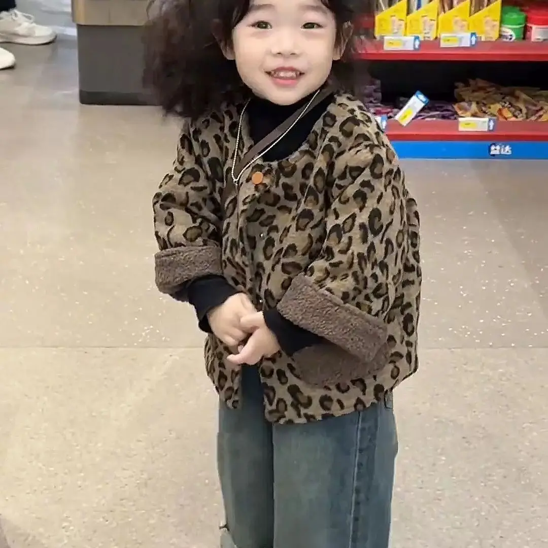 1-9Years Toddler Baby Leopard O Neck Jackets for Girls O Neck Loose Outwear Coat Infant Overcoat 2 3 4 5 6