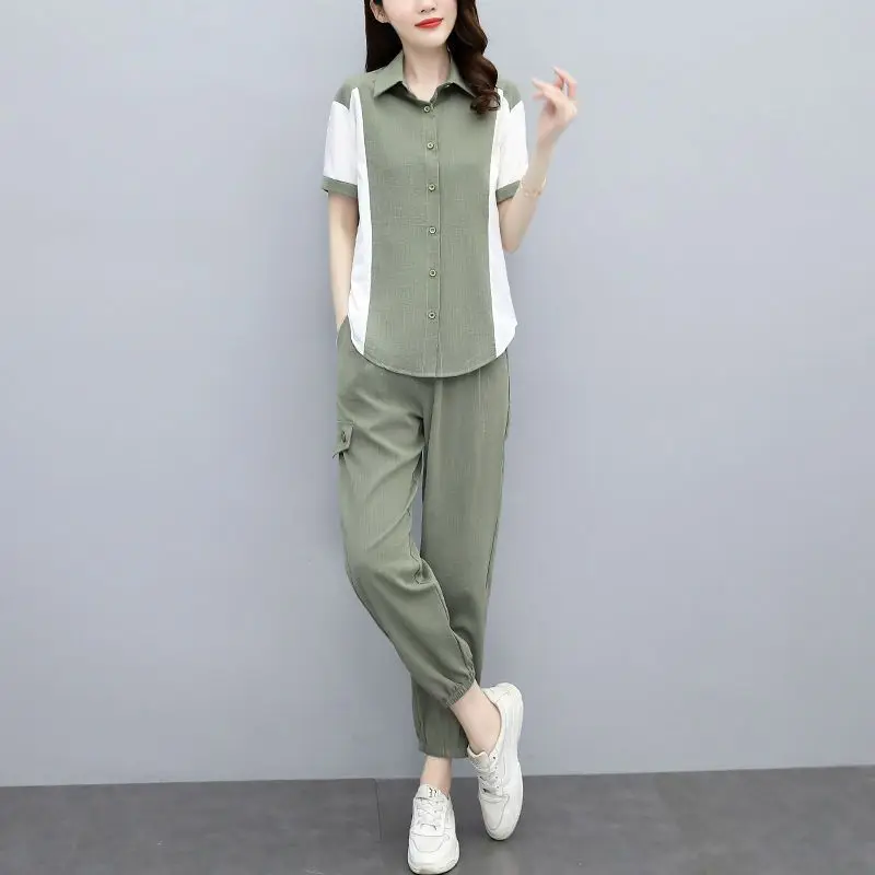 Casual Fashion Short Sleeved Shirts and Fashion Leggings Pants for Women\'s Summer New Loose Slimming Commuting Two-piece Set