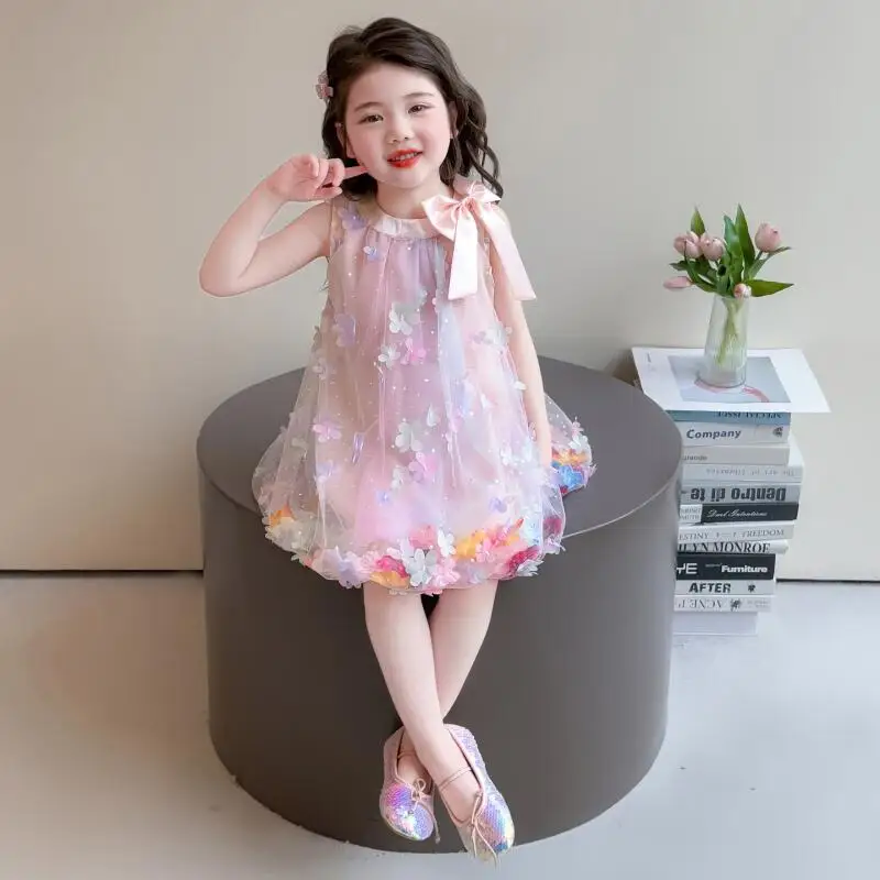 Summer Girl Princess Dress Bow Flower Mesh Dress Sweet Cute Camisole Skirt A-Line Silhouette Three-Dimensional Petal Dress Gift