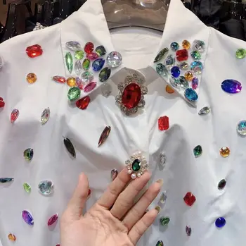 Lüks Kadın Rhinestones Boncuklu Gömlek Bahar Tek Göğüslü Beyaz Siyah Elmas Bluzlar Retro OL Hırka Kırpma Üstleri Blusas