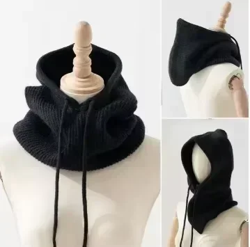 Fashion Winter Faux Cashmere Knitted Hooded Collar Removeable Elastic Hat Men&Women Warm Thick Wool Neck Wrap Drawstring Caps