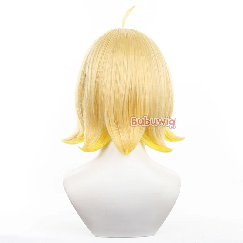 Bubuwig rambut sintetis elegan, Wig Cosplay dewi kemenangan: Nikke elegan 35cm, Wig pirang lurus pendek Wanita tahan panas