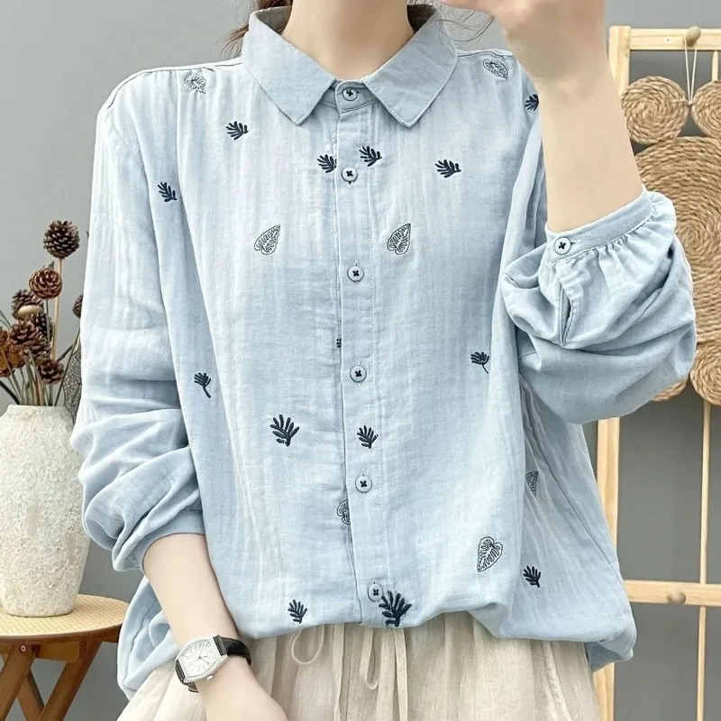 Cotton Gauze Long-sleeved Shirt for Women's Forest Style Literary and Fresh Leaf Embroidery Soft Skin-friendly Breathable Top