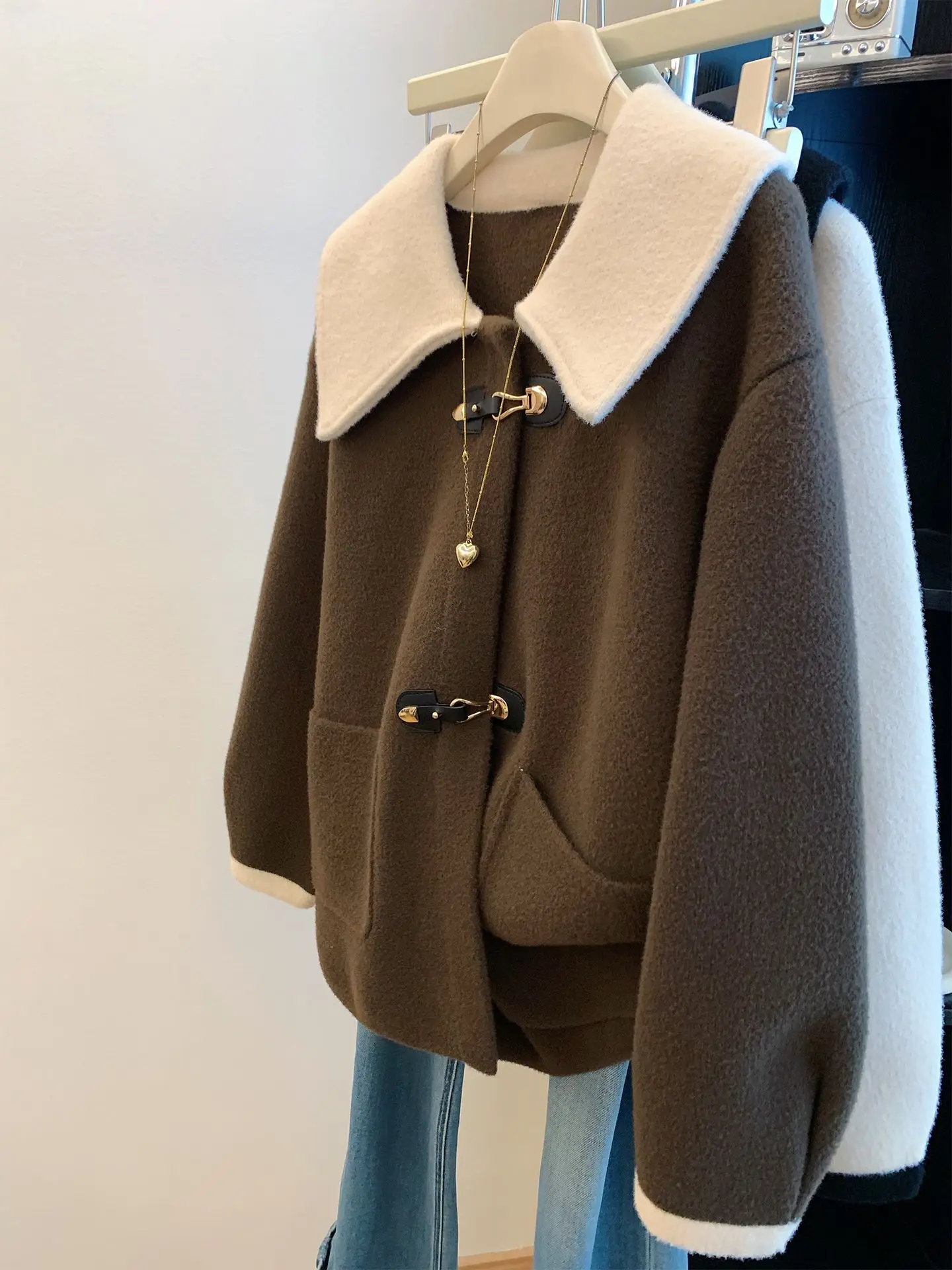 Brown Fragrant Wind Doll Collar Knitted Coat Women's Autumn And Winter Mid-ong loose casual High-end Thickened Top Woolen Coat