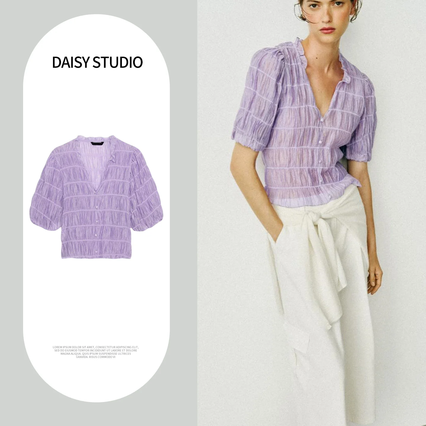 

Summer New Arrival Women's Shirt Simple Overlap Decoration Short Sleeve round V-Neck Honeycomb Fold Polyester Fiber Anti-soiling