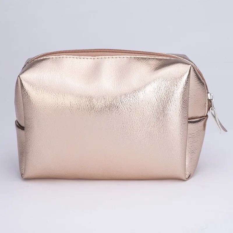 Makeup Bag Gold Champagne Zipper Storage Bag Travel Organizer Pouch New Metallic Color Soft PU Leather Waterproof Cosmetic Bag