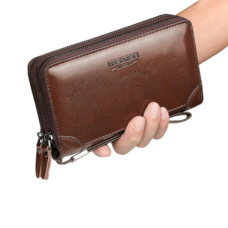 Bolsa de embreagem de couro para homens Carteira com zíper, porta-passaporte, bolsa de mão para telefone, bolsa quadrada, portátil masculino