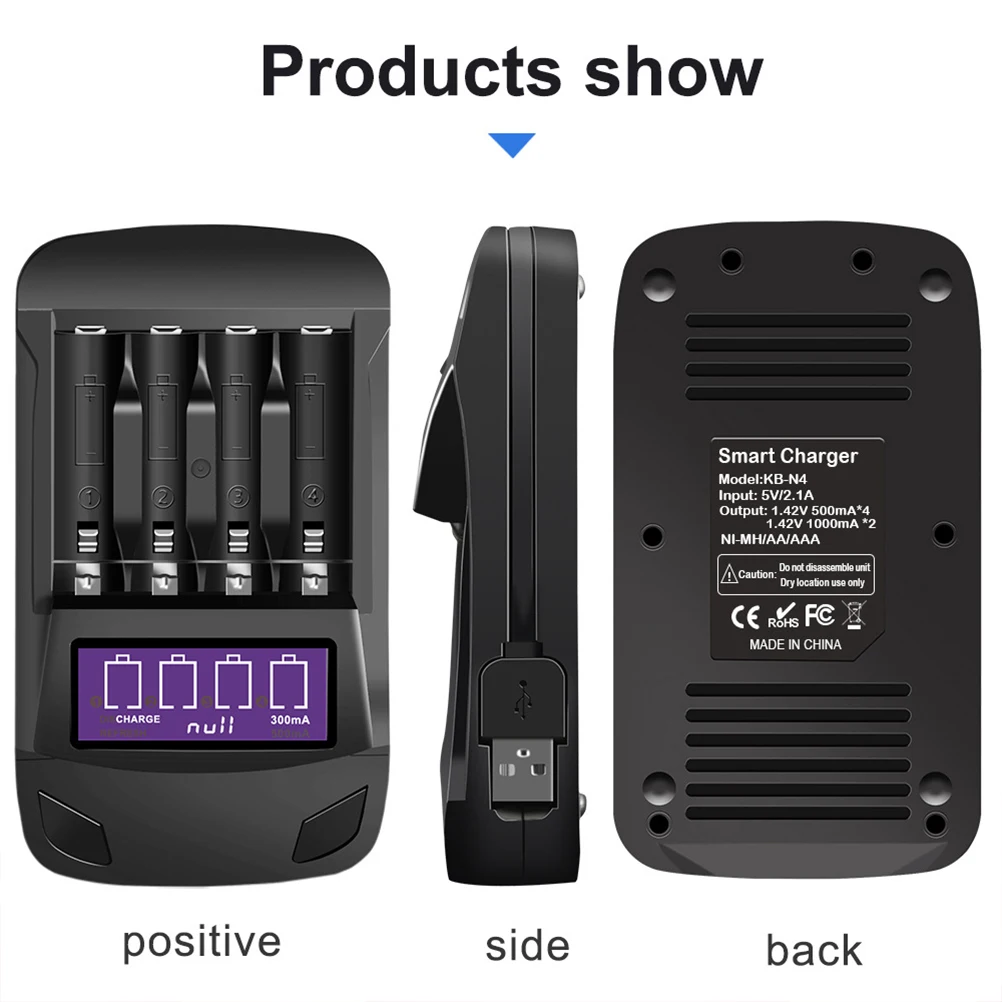 

Usb Smart 4-Slot Lcd Display 4 Functions Rechargeable Adapter For Aa Aaa Chargers Accessories (Black)