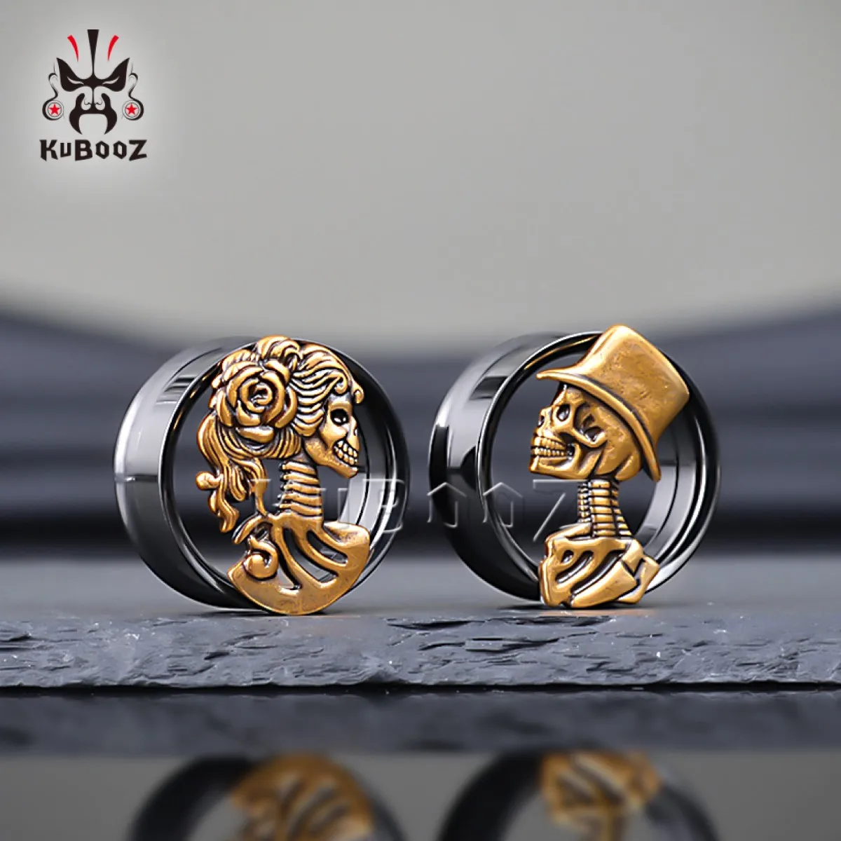 KUBOOZ Gotyckie Szkieletowe Tunele do Uszu dla Kobiet i Mężczyzn, Rozpychacze do Uszu ze Stali Nierdzewnej, Ekspandery, Rozciągacze, Biżuteria do Piercingu, 2 szt.