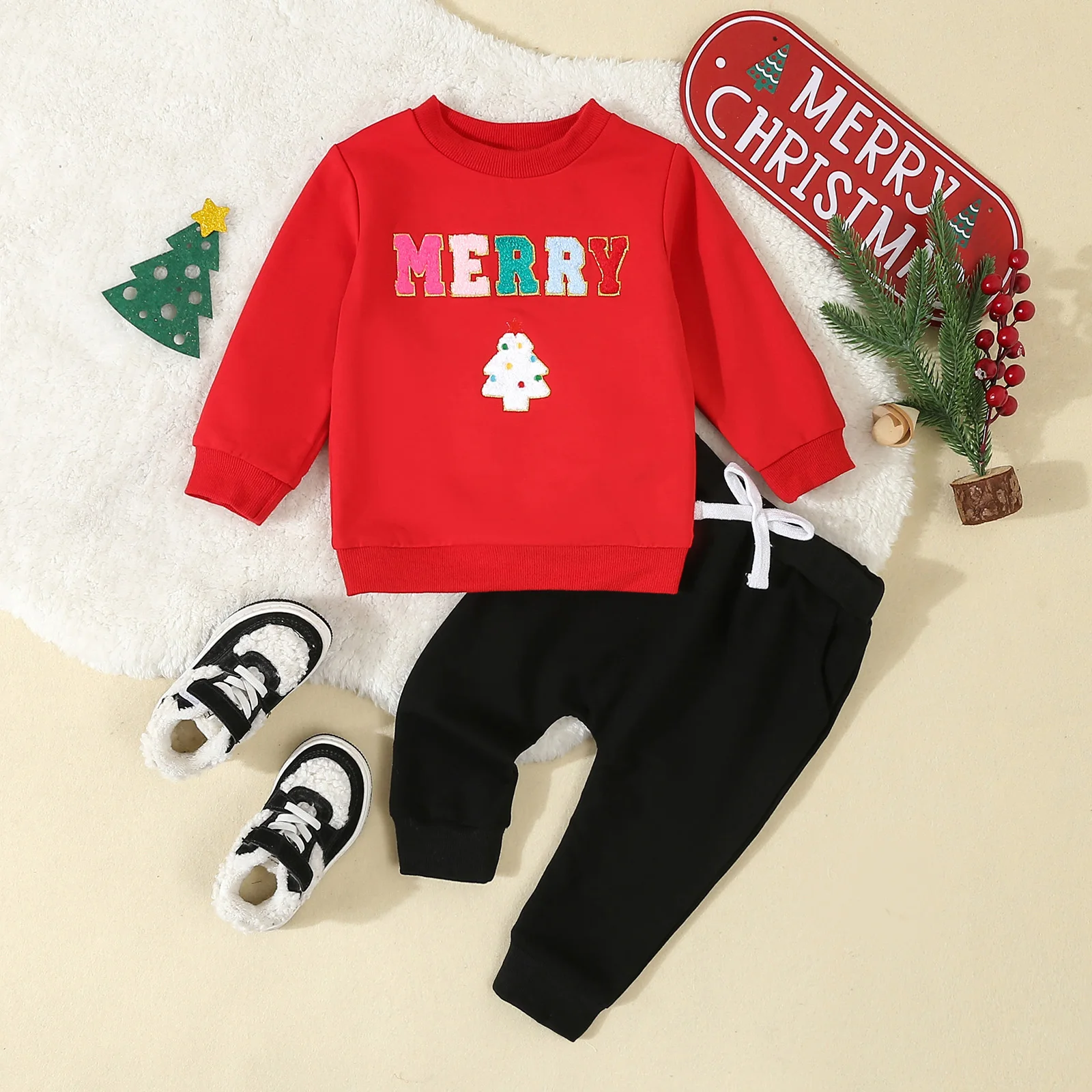 Tregren Kids Christmas Costume Long Sleeve Crew Neck Embroidery Letters Hoodie and Sweatpants Clothes Set