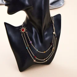 Personality Designer Three-layer Necklace for Women Vintage Sun And Star Gold Color Pendants Round Beads Ladies Jewelry Necklace