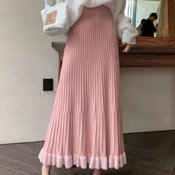 Simplicity Office Lady Autumn/Winter Women's Solid Elastic High Waist Pleated Patchwork Fashion Mid-length A-line Knitted Skirt