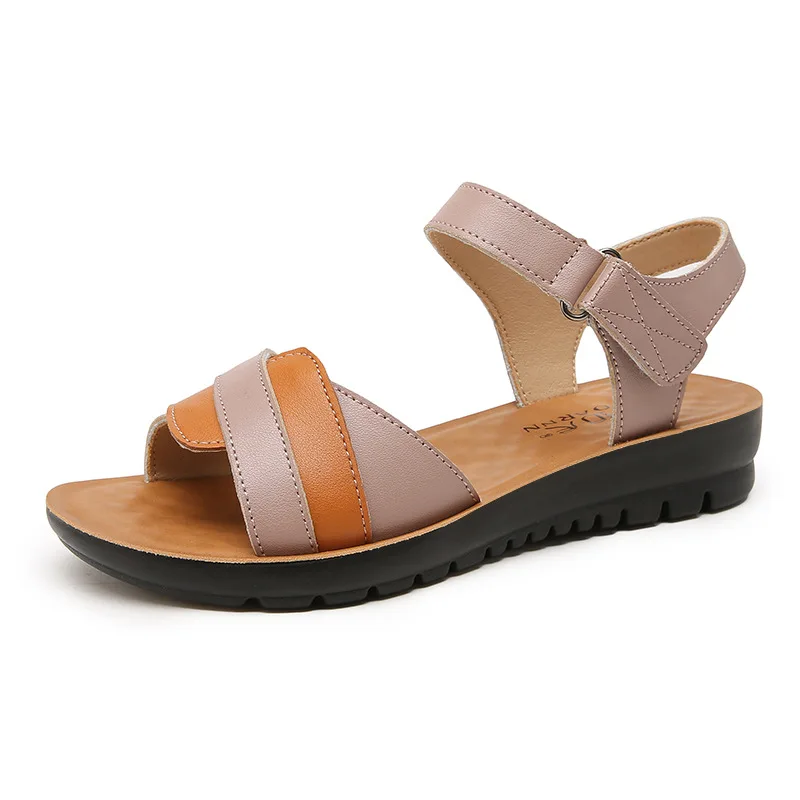 Summer Beach Shoes Ladies Fashion Leather Flat Sandals Women Casual Comfortable Black Sandals elderly Soft bottom sandals