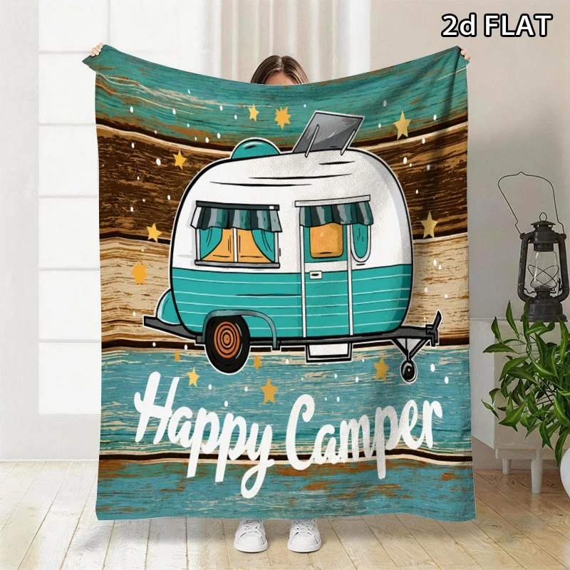 Vintage Happy Camper Flannel Blanket Retro RV Trailer Lightweight Cozy Throw for Bedroom Office All Season Daily Use Here Too