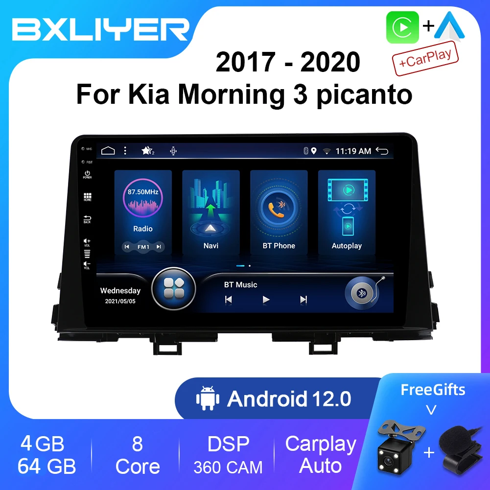 4+64GB Carplay Android 12 Auto Radio Stereo For Kia Morning 3 picanto 2017-2020 Multimedia Player 1 DIN GPS Navigation Head Unit