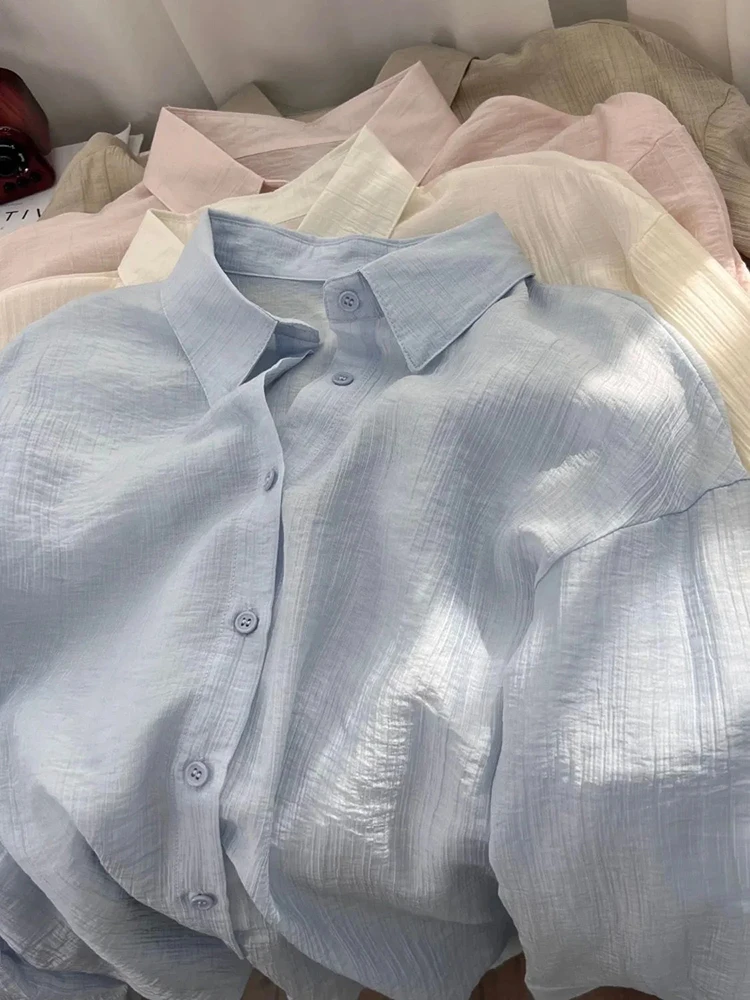 

Summer Sun Protection Chiffon Shirts Women Korean Loose Thin Long Sleeve Blouse Y2K Solid Simple Basic All Match Buttons Tops