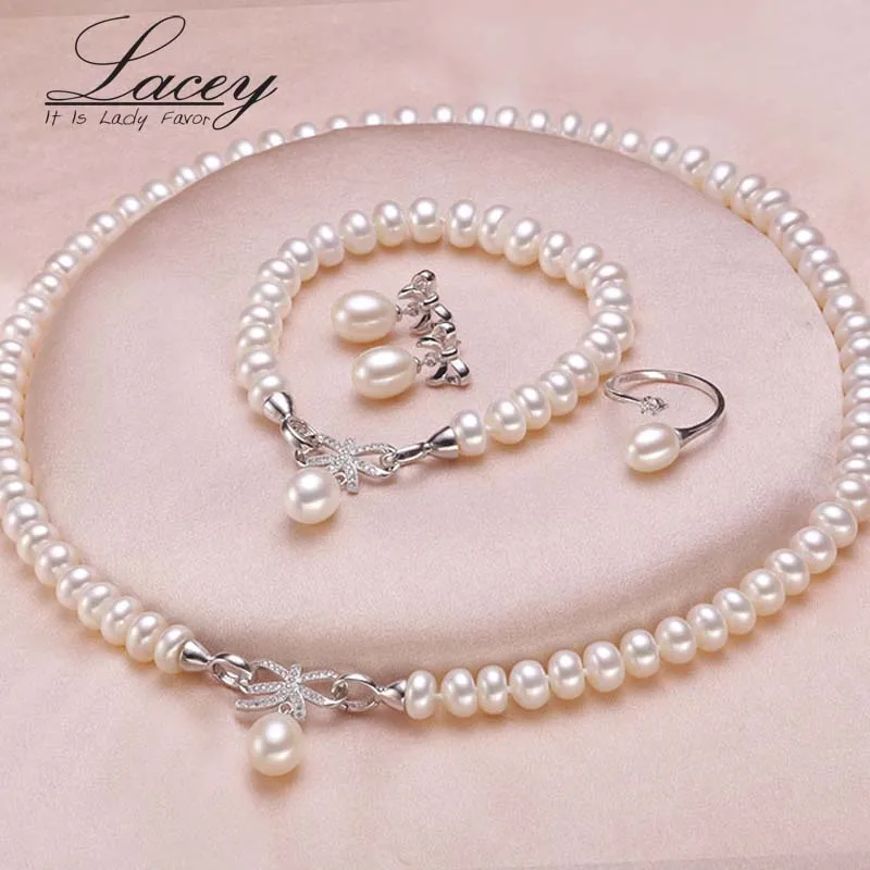 Wedding freshwater pearl jewelry set for women,genuine natural pearl necklace jewelry sets mother anniversary gifts white