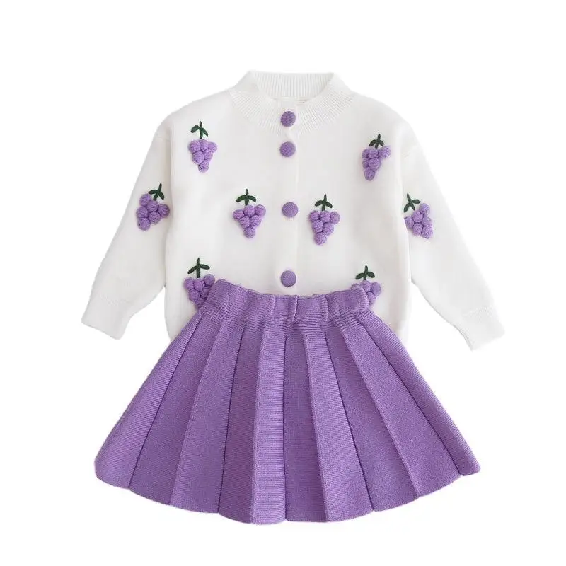 Spring Autumn Baby Girls Clothing Sets Cute Grape Strawberry Flower Cardigan Sweater + Skirt 2Pcs Little Princess Suits 1-5 Year