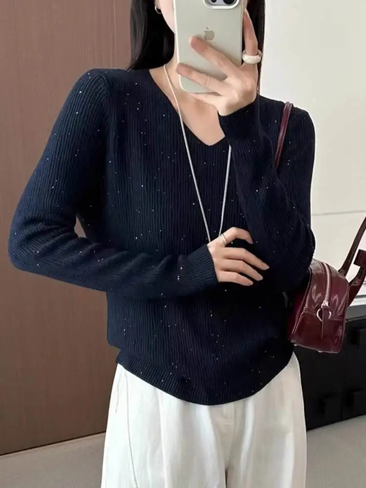 

iny Sequin Knitted Sweater Women's V-ne Sl Base Layer Autumn Winter Casual Loose Fit Soft Long Sve Top