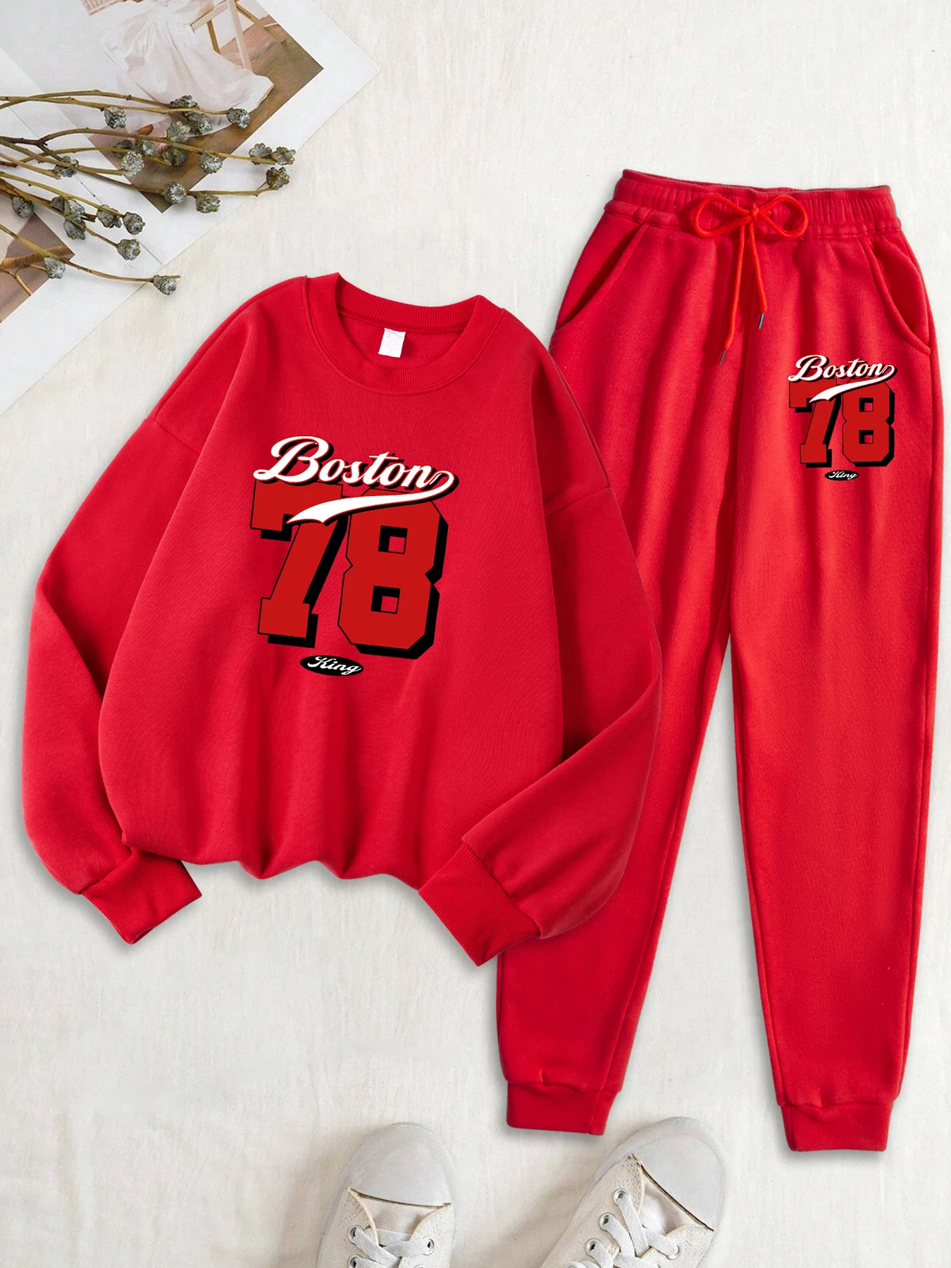 

Женский повседневный свитшот с принтом Boston номер 78, комплект уличных спортивных спортивных штанов, флисовый универсальный пуловер, мягкая одежда с круглым вырезом