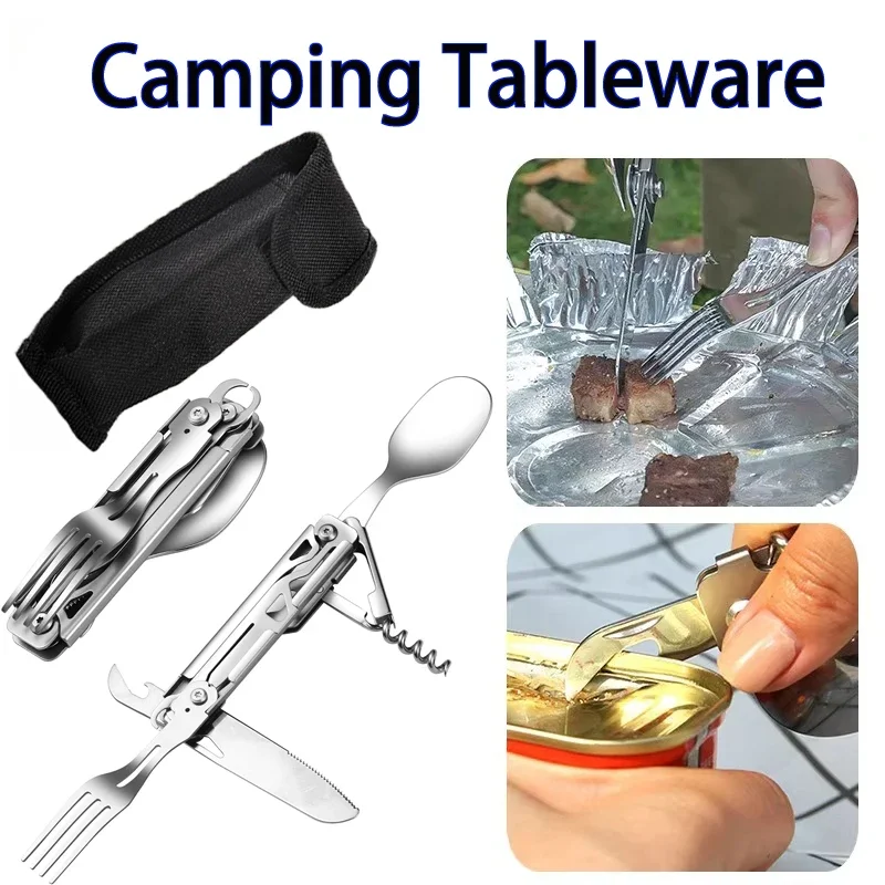 

Folding Portable Detachable Stainless Steel Camping Flatware, Multi-tool kits with Spoon Fork Knife Corkscrew, for Hiking Picnic