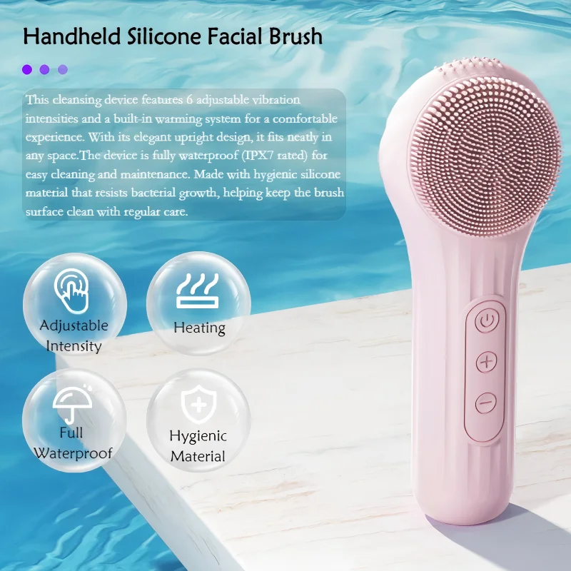 Siliconen gezichtsreinigingsborstel Roze Waterdichte oplaadbare trillingsverwarming Diep schone gezichtsreiniger Gezichtsreinigingsborstel
