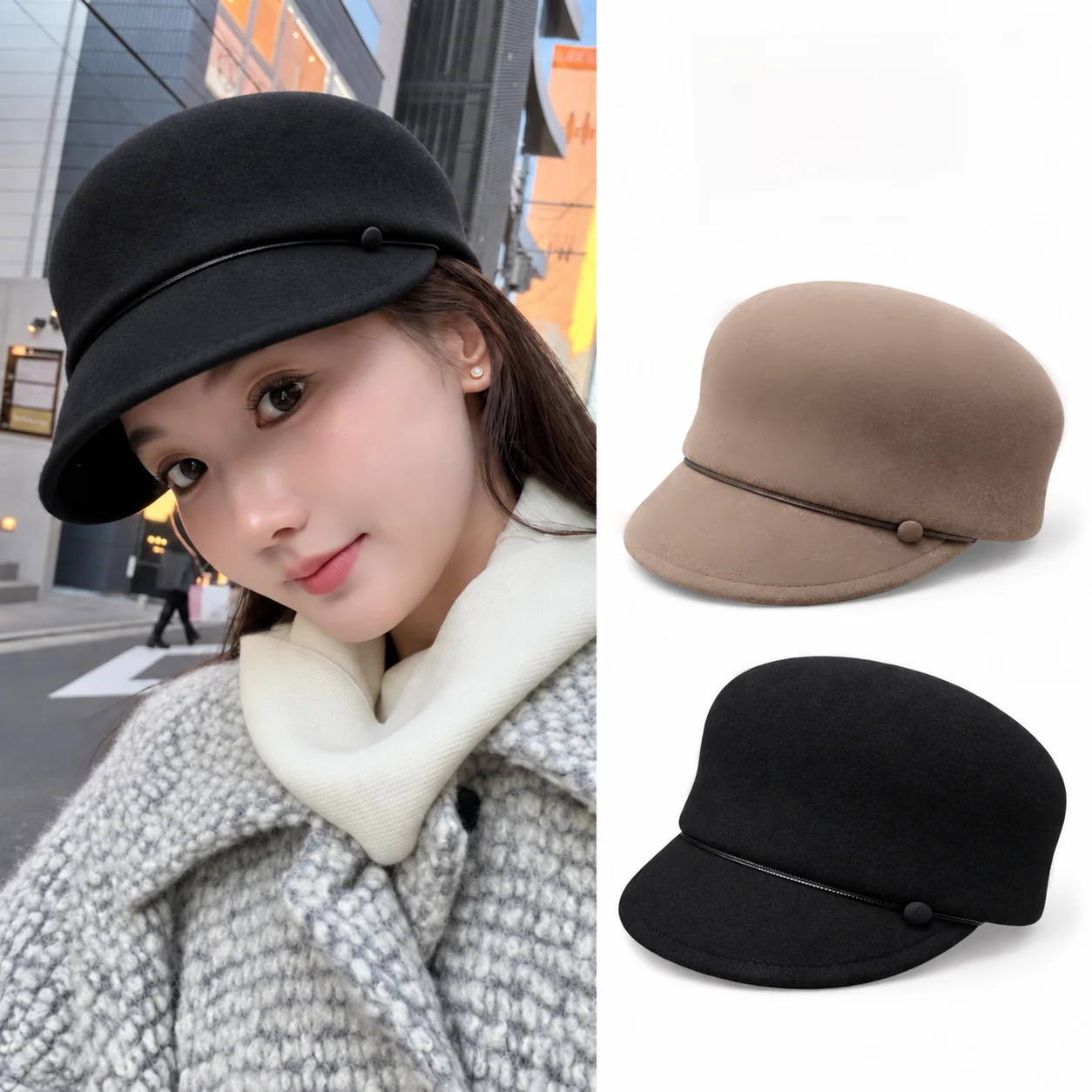 warm-woolen-equestrian-hat-duckbill-cap-small-face-flapper-hat-for-women-autumn-winter-adjustable-band-flat-top-thickened
