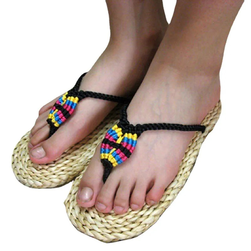 Summer Home Colorful Rope Hand-Woven Straw Ladies Sandals And Slippers Natural Environmental Protection Creativity
