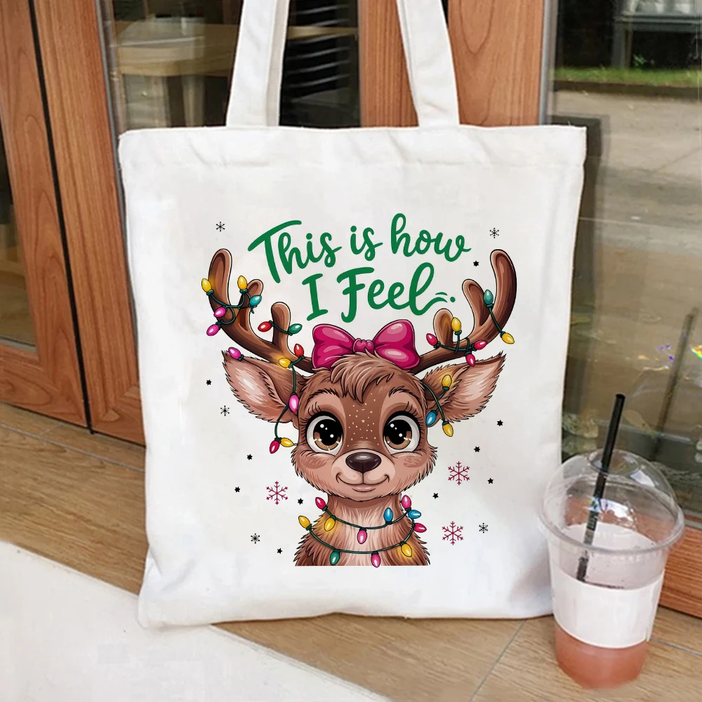 

Вот как я чувствую себя милый рождественский комплект сумки-тоут с оленями, женская сумка на плечо, косметичка, парусиновая сумка для покупок большой вместимости